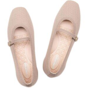 Frank Mully Mary Jane Women Camel Elastic Knit Slip on Square-Toe Flat Shoes
